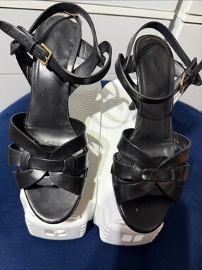 Yves Saint Laurent Black Knotted Leather Ankle-Strap Heels